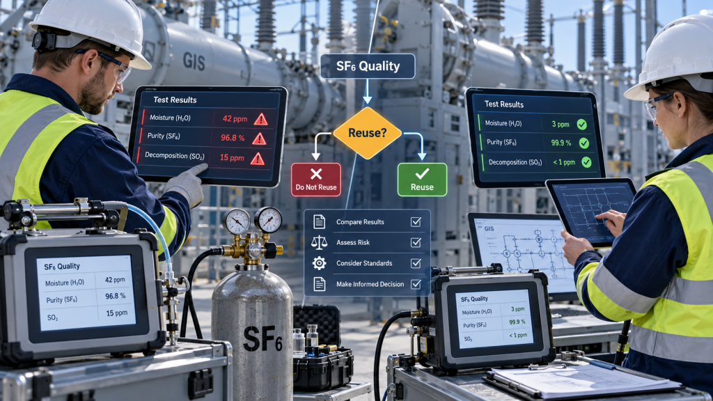 Technicians monitor SF6 gas quality and equipment diagnostics in a high-voltage electrical substation.