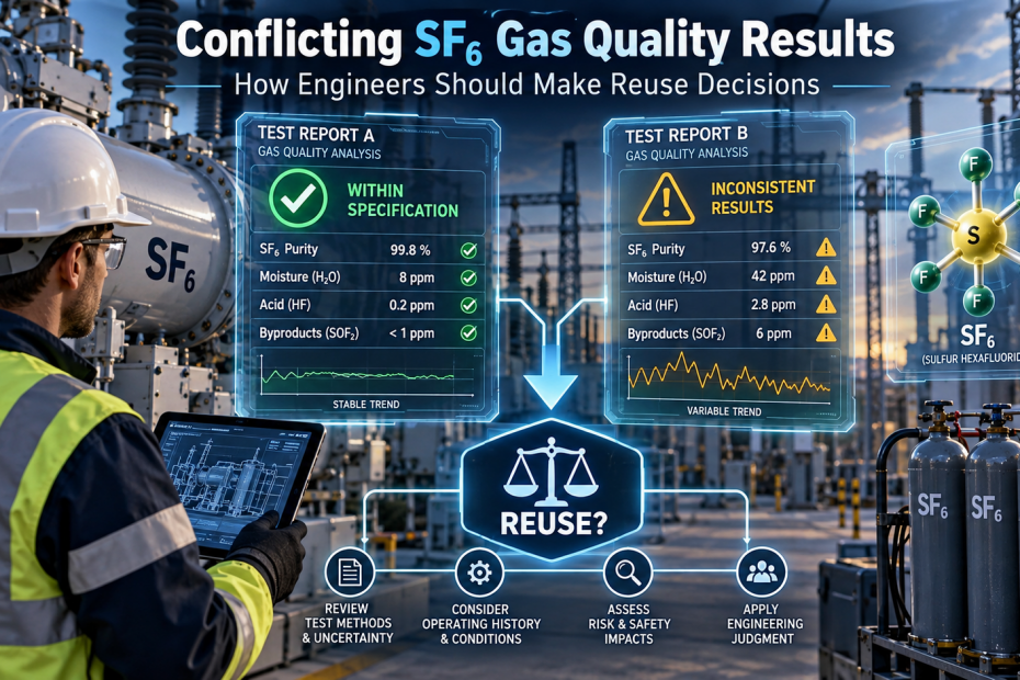 Engineer reviews conflicting SF6 gas quality results in a high-tech power facility.
