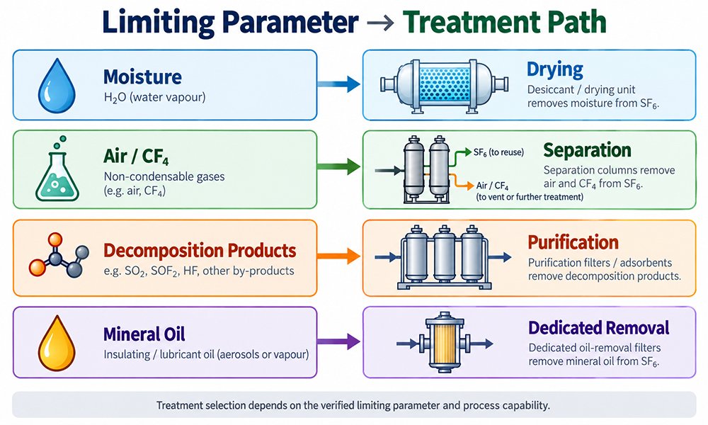 SF6 treatment flowchart showing moisture removal by drying, air and CF4 separation, decomposition product purification, and mineral oil removal.