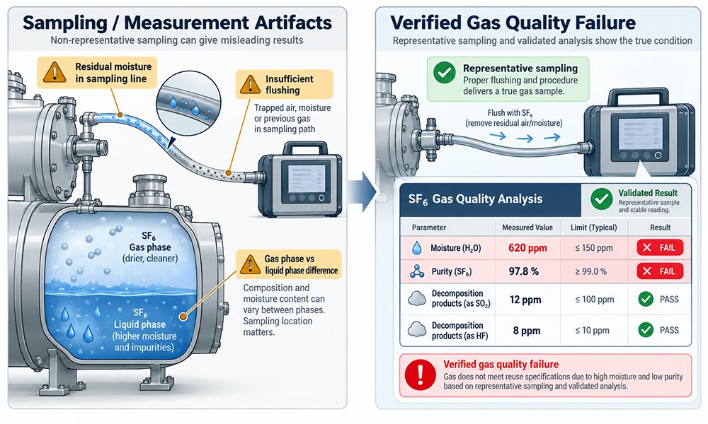 Technical diagram comparing SF6 sampling errors caused by residual moisture and gas phase differences with verified gas quality failures.